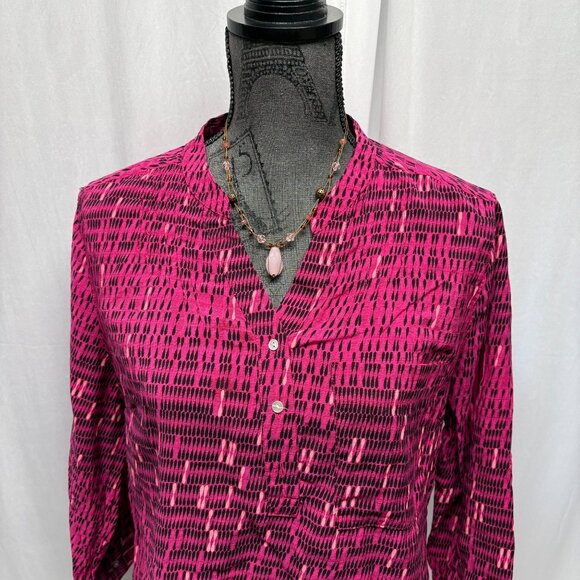 ANA Womens V-Neck Top Womens Size Large Fuchsia Black Patterned Colorful Casual - Picture 2 of 8